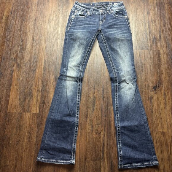 Miss Me Signature Boot Jeans Rhinestones Flowers Medium Wash Jeans Size 25 - Picture 1 of 12